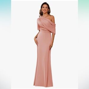 Bitaly Elegant One-Shoulder Dusty Rose Pink Gown